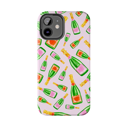 Tossed Pink and Green & Orange and Green Watercolor Illustrated Champagne Bottles Pattern Blush Pink Tough Phone Case | Various Models