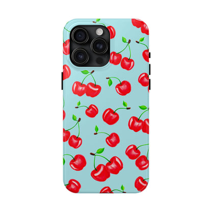 Tossed Red Watercolor Cherries Illustrated Pattern Bright Blue Tough Phone Case | Various Models