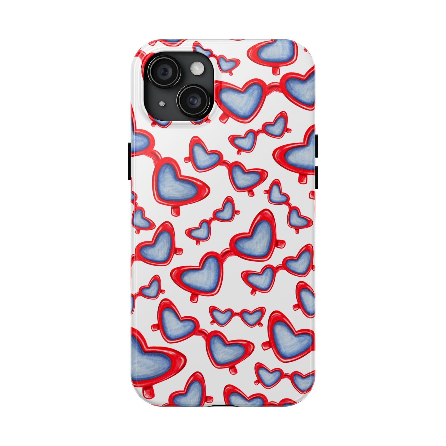 Red, White, & Blue Heart Shaped Watercolor Sunglasses Tossed Pattern Tough Phone Cases iPhone 15 Plus