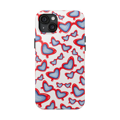 Red, White, & Blue Heart Shaped Watercolor Sunglasses Tossed Pattern Tough Phone Cases iPhone 15 Plus