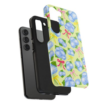 Blue Watercolor Hydrangea Bunches with Hot Pink, Yellow, Light Pink Bows Illustrated Patterned Yellow Tough Phone Case | Various Models