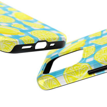 Bright Yellow Lemons Watercolor Illustrated Tossed Pattern Turquoise Gingham Tough Phone Case | Various Models