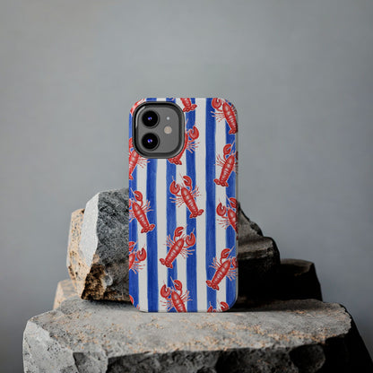 Blue & White Strip Red Lobster Watercolor Patterned Phone Case | Various Models