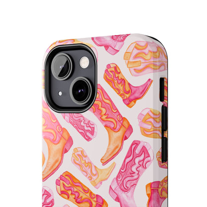 Tossed Hot Pink & Orange Watercolor Cowboy Boots Tough Light Pink Phone Case | Various Models Available