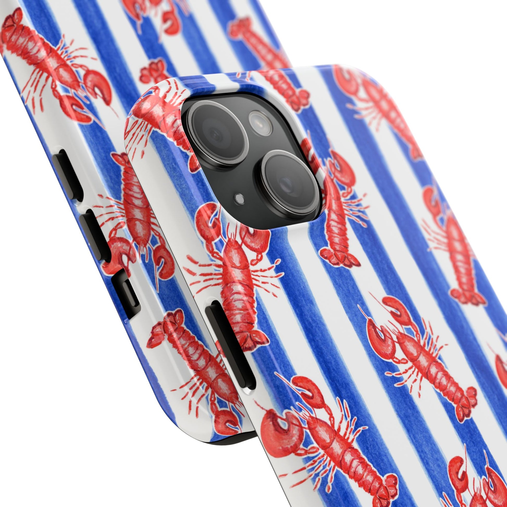 Blue & White Strip Red Lobster Watercolor Patterned Phone Case | Various Models