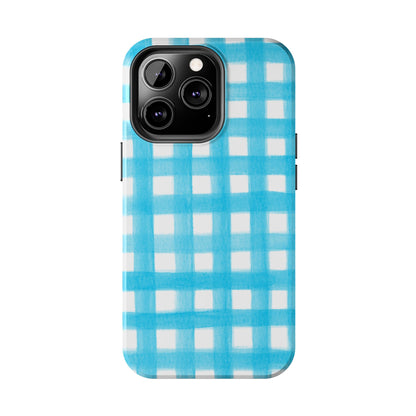 Turquoise Gingham Watercolor Illustrated Tough Phone Case | Various Models Available
