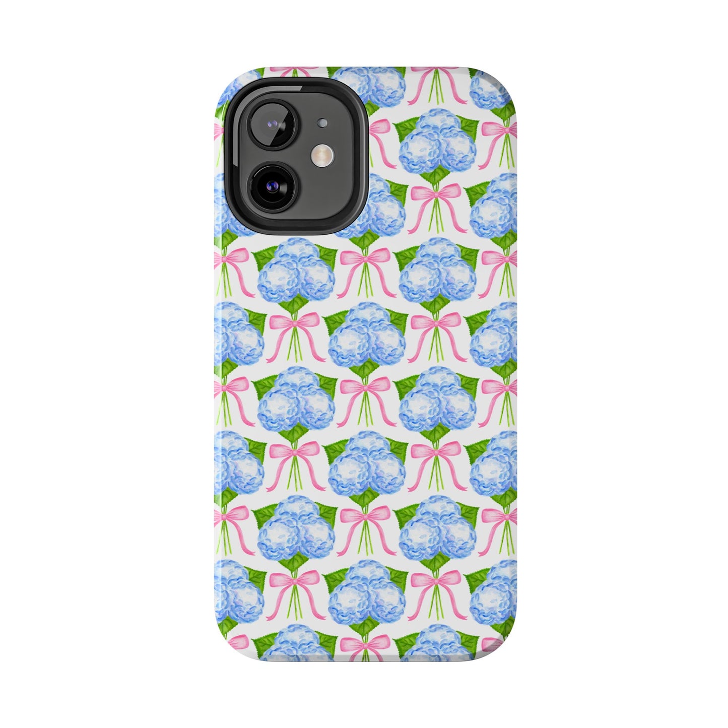 Blue Watercolor Hydrangea Bouqets with Light Pink Bows Watercolor Illustrated Patterned Tough Phone Case | Various Models