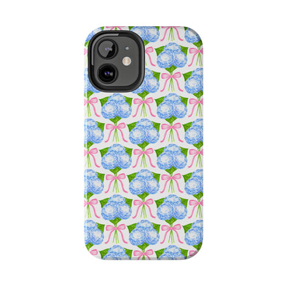 Blue Watercolor Hydrangea Bouqets with Light Pink Bows Watercolor Illustrated Patterned Tough Phone Case | Various Models