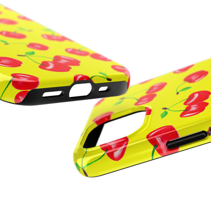Tossed Red Watercolor Cherries Illustrated Pattern Bright Yellow Tough Phone Case | Various Models