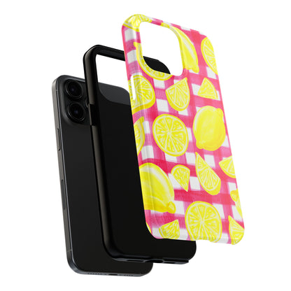 Yellow Lemons & Hot Pink Gingham Watercolor Illustrated Tough Phone Case | Various Models Available