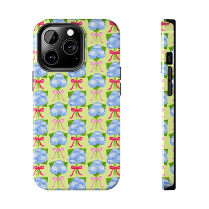 Watercolor Blue Hydrangea Bouquets with Hot Pink and Light Pink Bow Ribbons Illustrated Pattern Yellow Tough Phone Case | Various Models