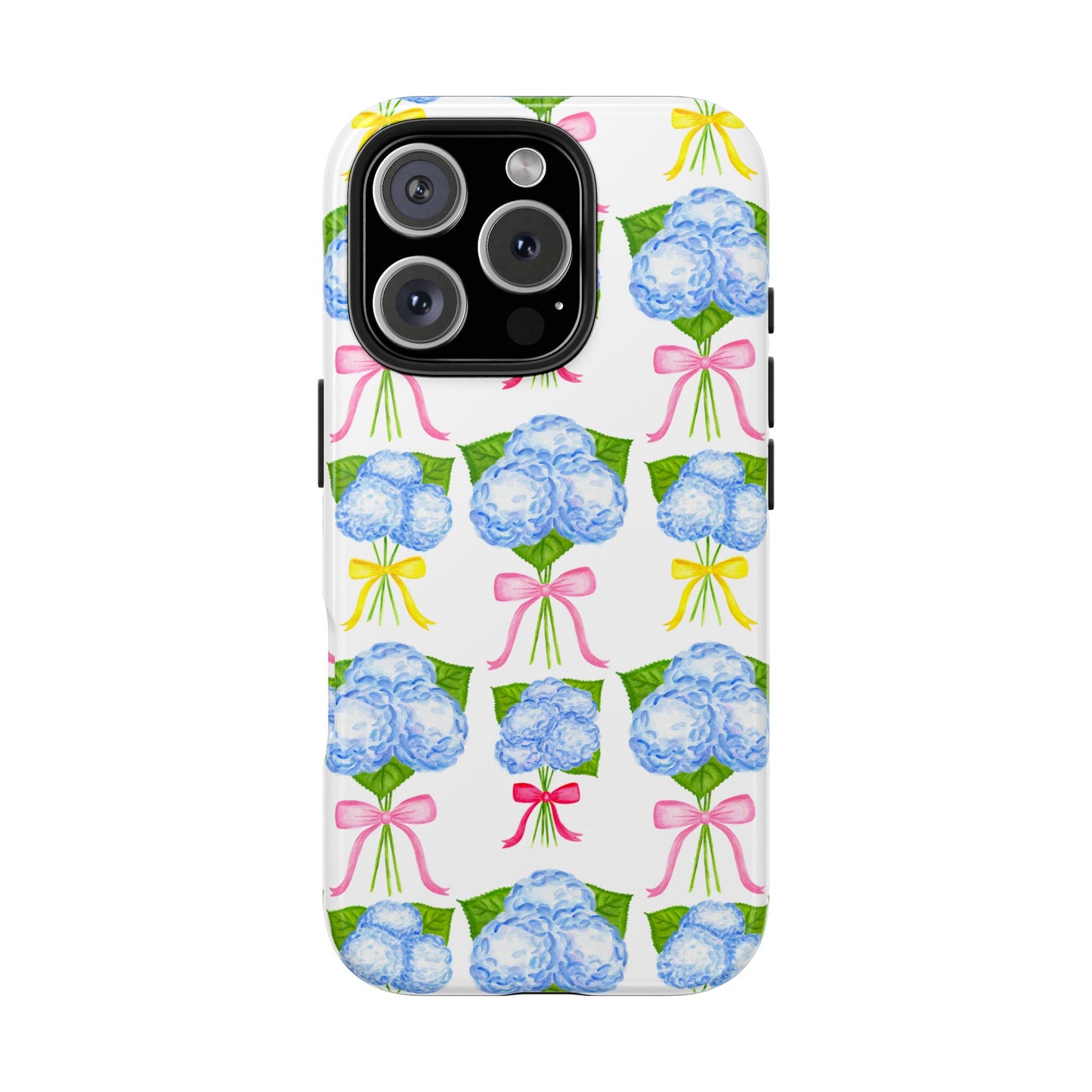 Blue Hydrangeas with Hot Pink, Yellow, Light Pink Bows Watercolor Illustrated Patterned Tough Phone Case | Various Models