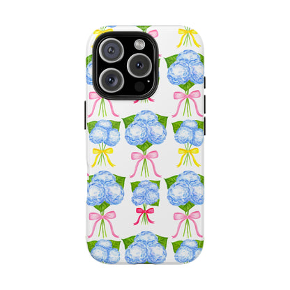 Blue Hydrangeas with Hot Pink, Yellow, Light Pink Bows Watercolor Illustrated Patterned Tough Phone Case | Various Models