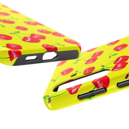Tossed Red Watercolor Cherries Illustrated Pattern Bright Yellow Tough Phone Case | Various Models