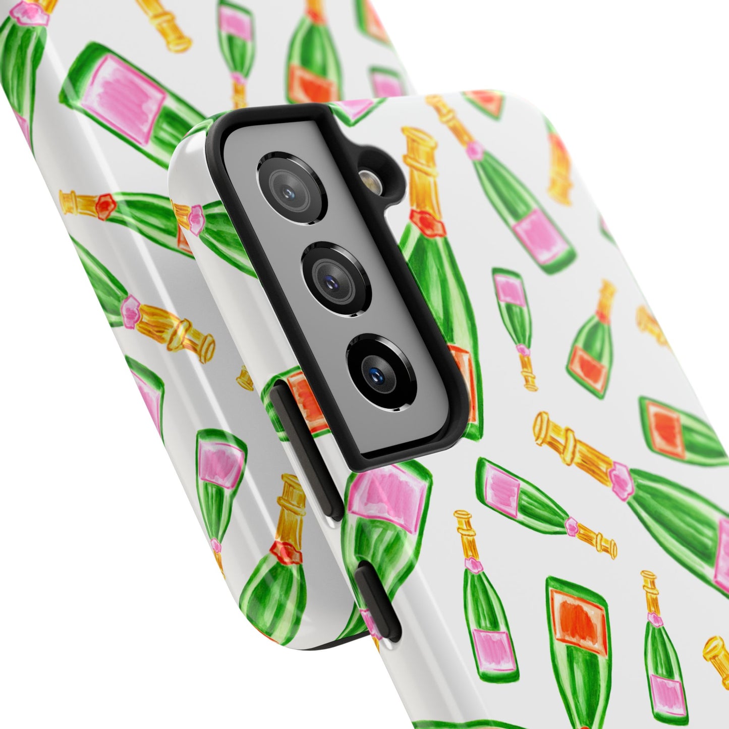 Tossed Pink and Green & Orange and Green Watercolor Illustrated Champagne Bottles Pattern Tough Phone Case | Various Models