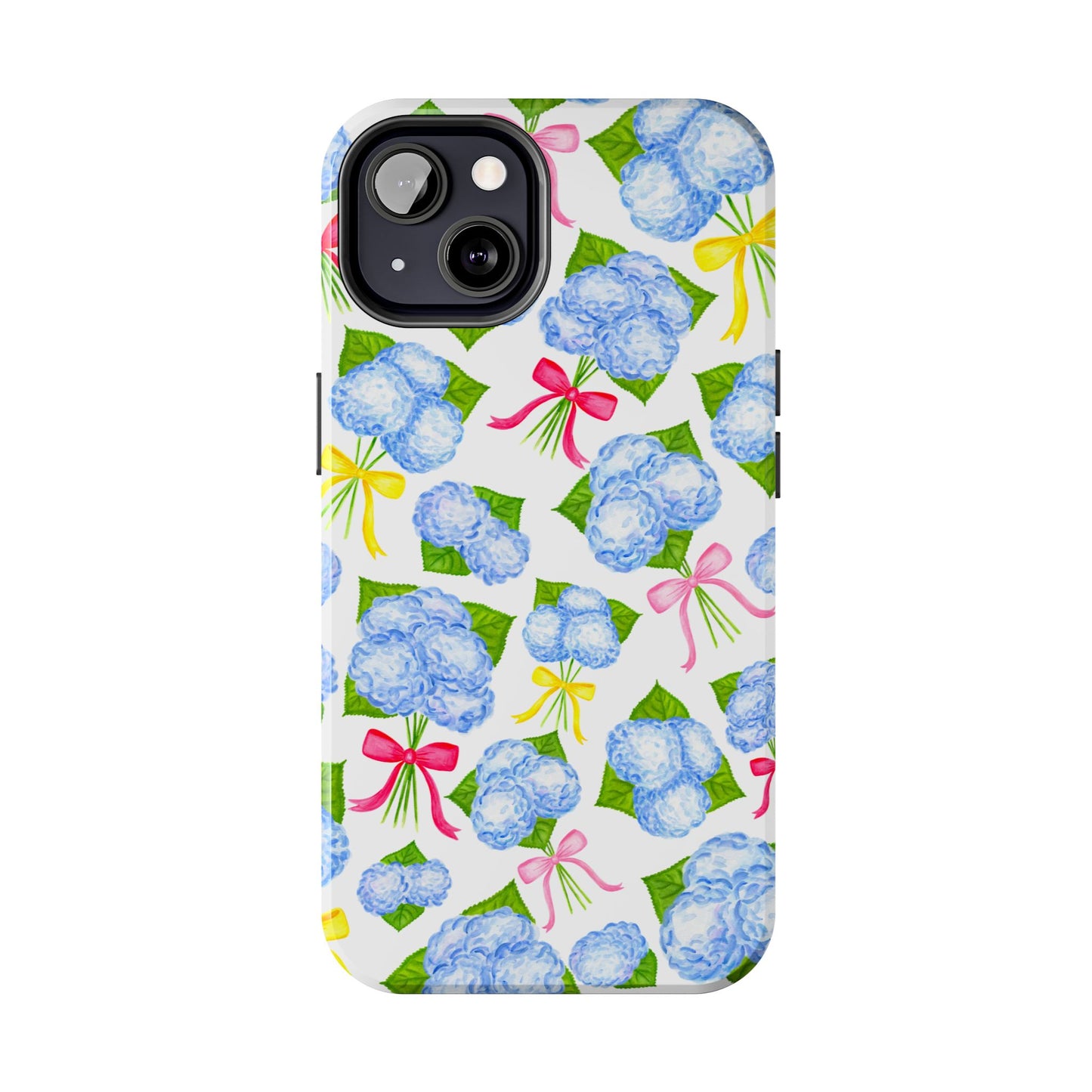 Blue Watercolor Hydrangea Bunches with Hot Pink, Yellow, Light Pink Bows Illustrated Patterned Tough Phone Case | Various Models
