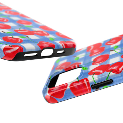 Tossed Red Cherries Blue Gingham Checkered Watercolor Illustrated Tough Phone Case | Various Models