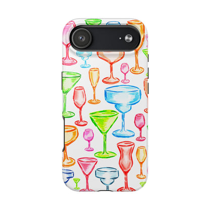 Monochromatic Margarita, Wine, Martini, and Champagne Flute Cocktail Glasses Watercolor Illustrated Tough Phone Case | Various Models Available