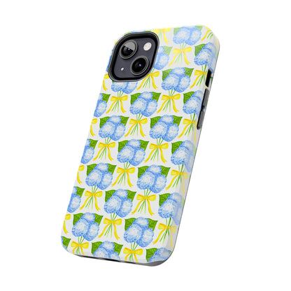 Blue Hydrangea Bouquets with Yellow Bow Ribbon Watercolor Illustrated Patterned Tough Phone Case | Various Models