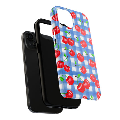 Tossed Red Watercolor Illustrated Cherries Light Blue Gingham Tough Phone Case | Various Models