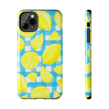 Yellow Lemons & Turquoise Gingham Watercolor Illustrated Tough Phone Case | Various Models Available