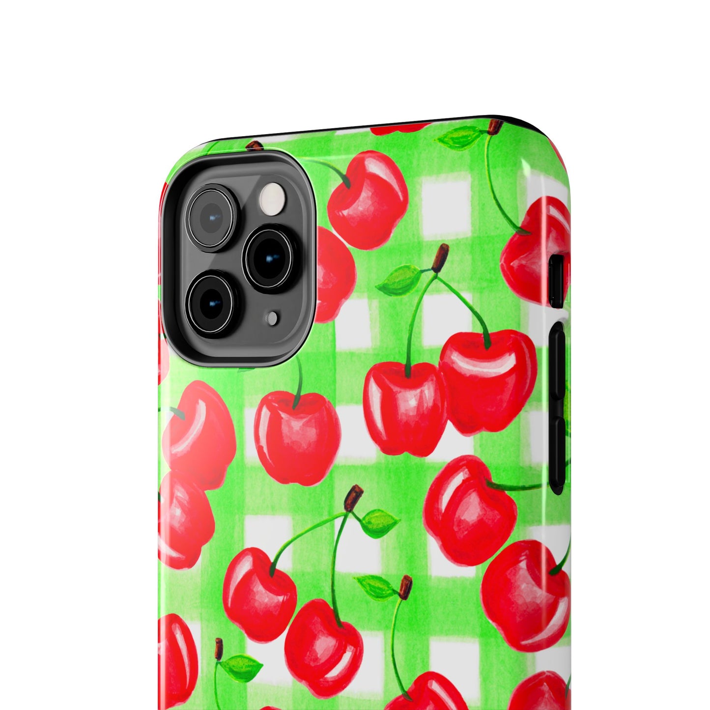 Red Tossed Cherries Green Gingham Watercolor Illustrated Tough Phone Case | Various Models Available