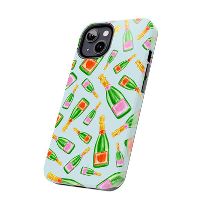 Tossed Pink and Green & Orange and Green Watercolor Illustrated Champagne Bottles Pattern Light Blue Tough Phone Case | Various Models