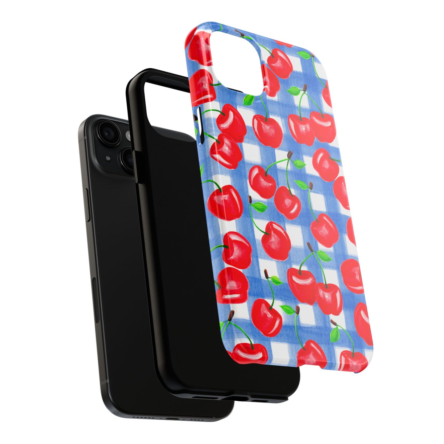 Tossed Red Cherries Blue Gingham Checkered Watercolor Illustrated Tough Phone Case | Various Models