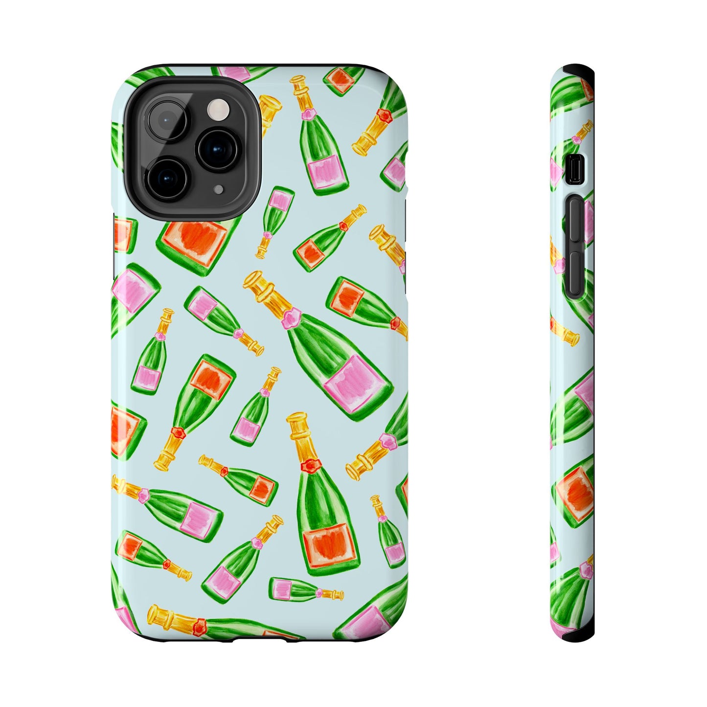 Tossed Pink and Green & Orange and Green Watercolor Illustrated Champagne Bottles Pattern Light Blue Tough Phone Case | Various Models
