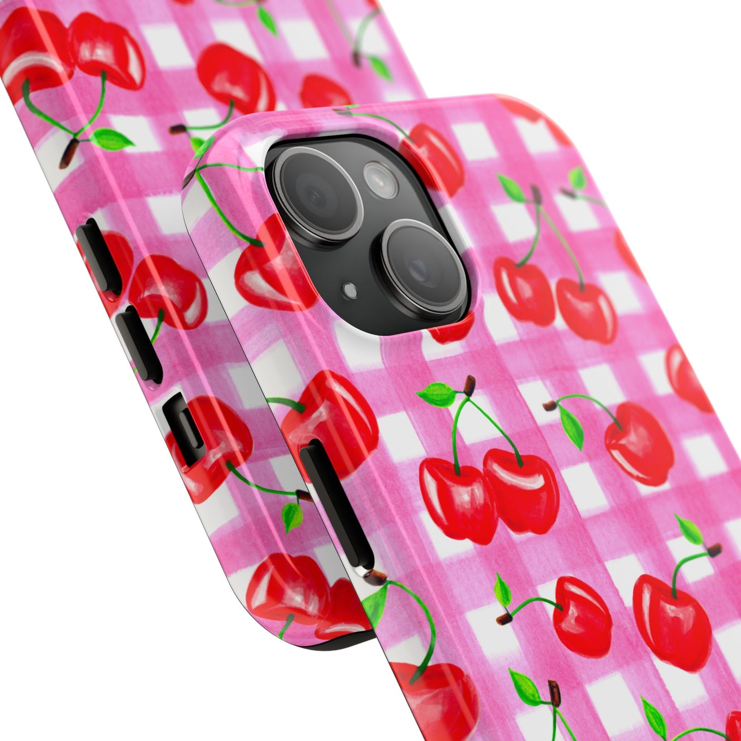 Tossed Red Watercolor Cherries Illustrated Pattern Light Pink Gingham Tough Phone Case | Various Models