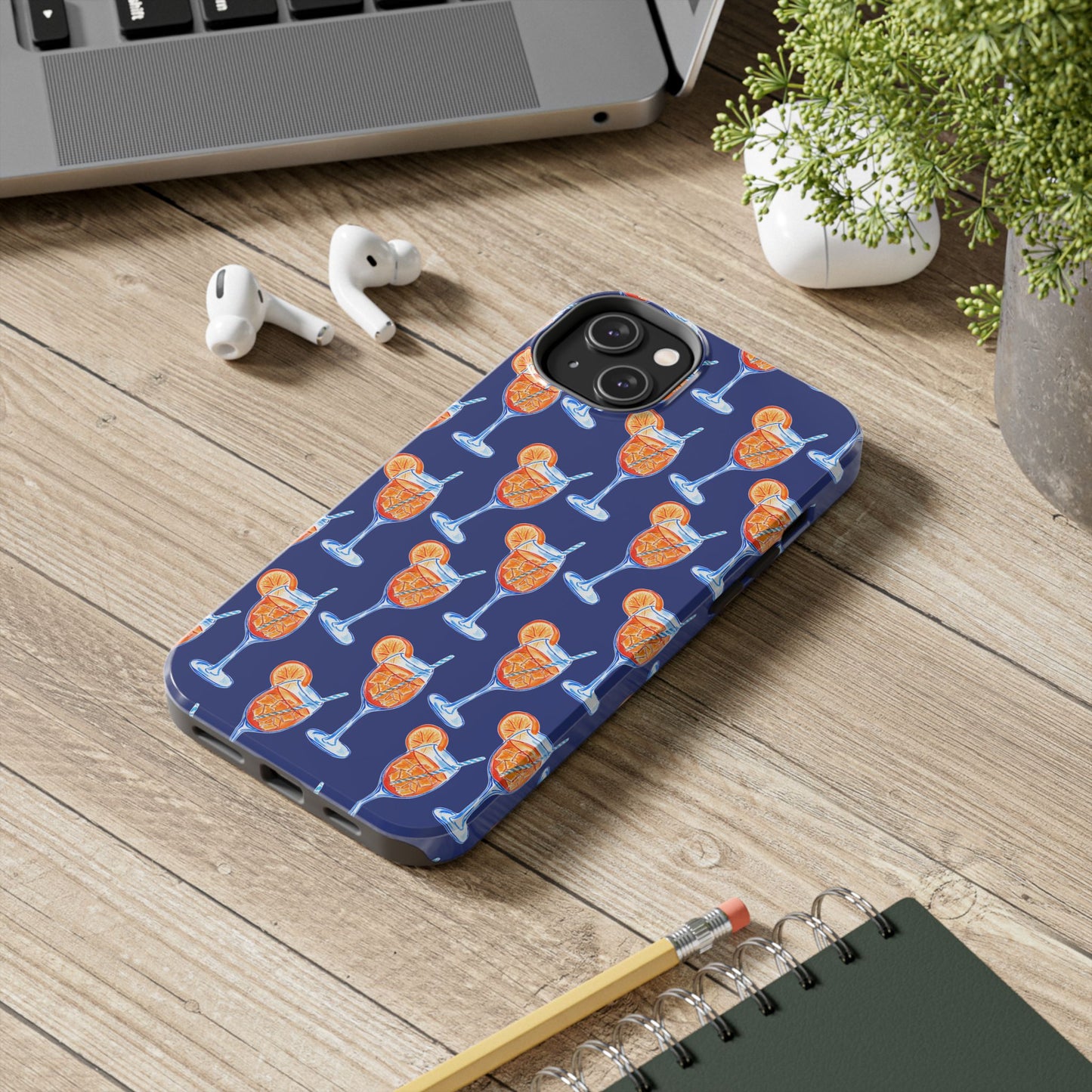 Orange & Blue Aperol Spritz Watercolor Pattern Navy Tough Case | Various Models