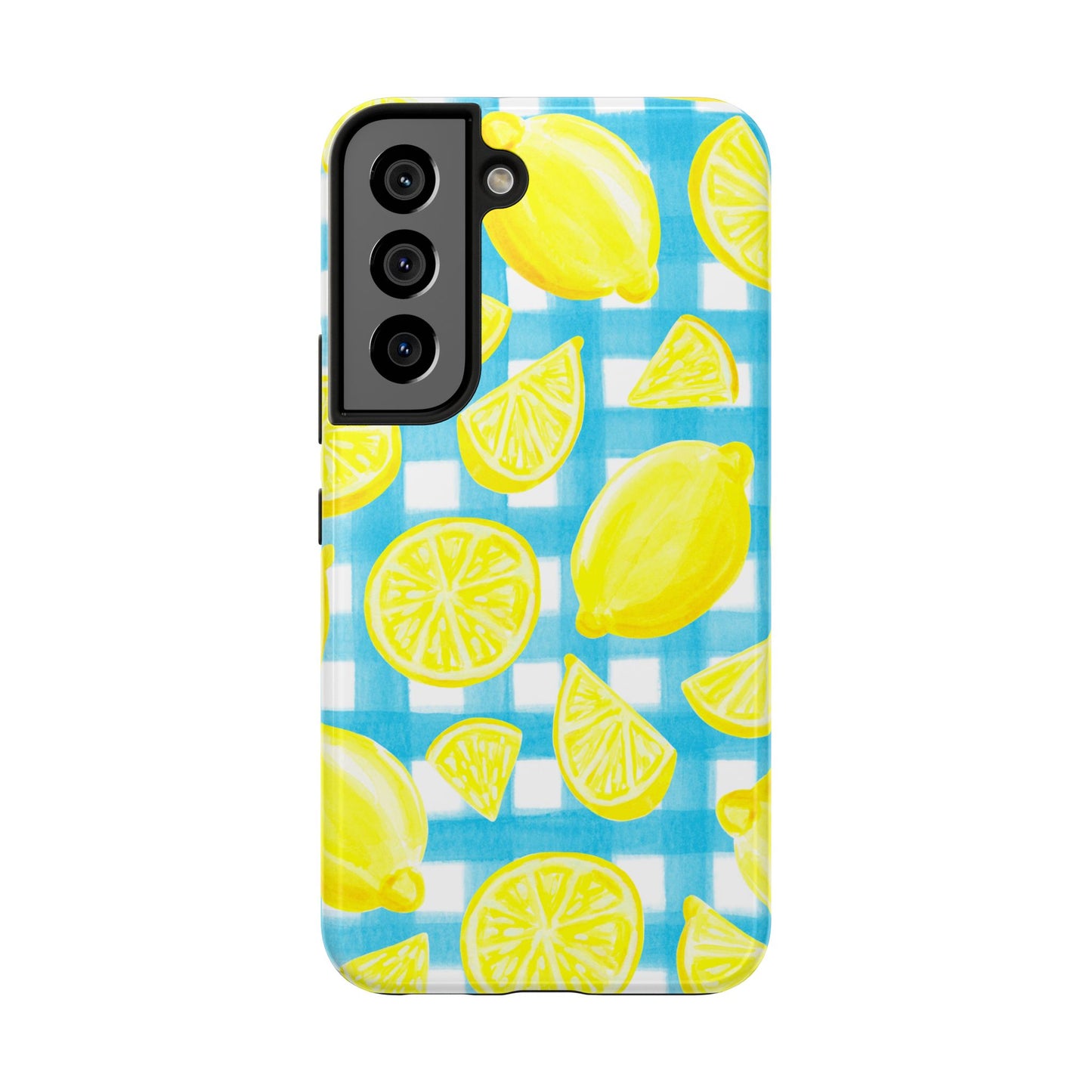 Yellow Lemons & Turquoise Gingham Watercolor Illustrated Tough Phone Case | Various Models Available