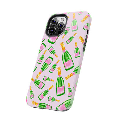 Tossed Pink and Green Watercolor Illustrated Champagne Bottles Pattern Blush Pink Tough Phone Case | Various Models