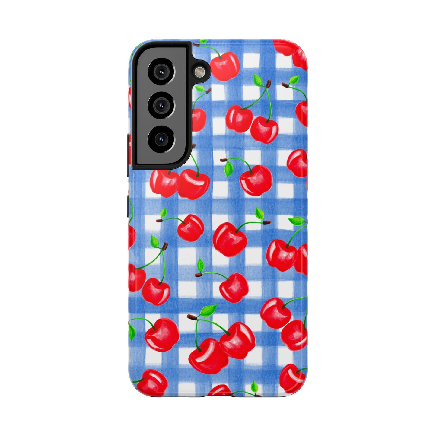 Tossed Red Watercolor Illustrated Cherries Light Blue Gingham Tough Phone Case | Various Models