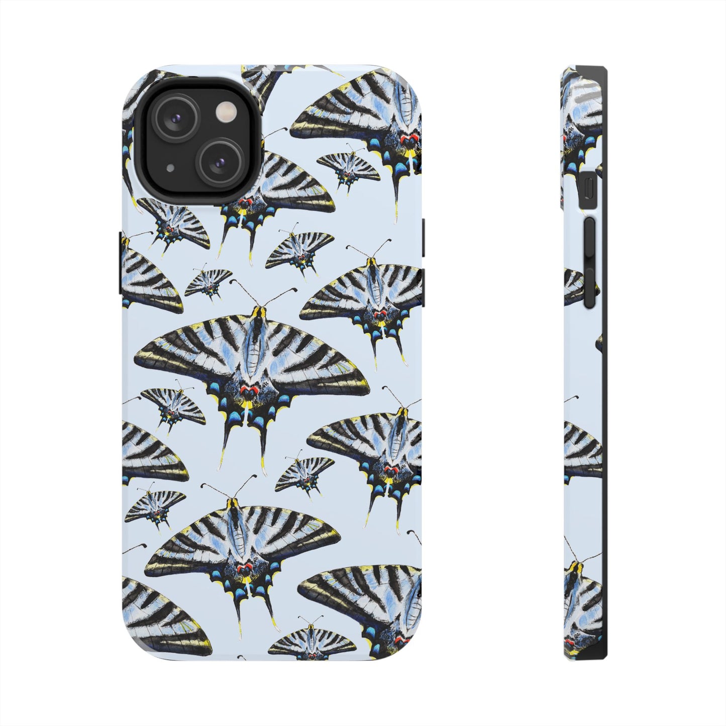 Light Blue Swallowtail Butterflies Watercolor Illustrated Pale Blue Tough Phone Case | Various Models iPhone 14 Plus