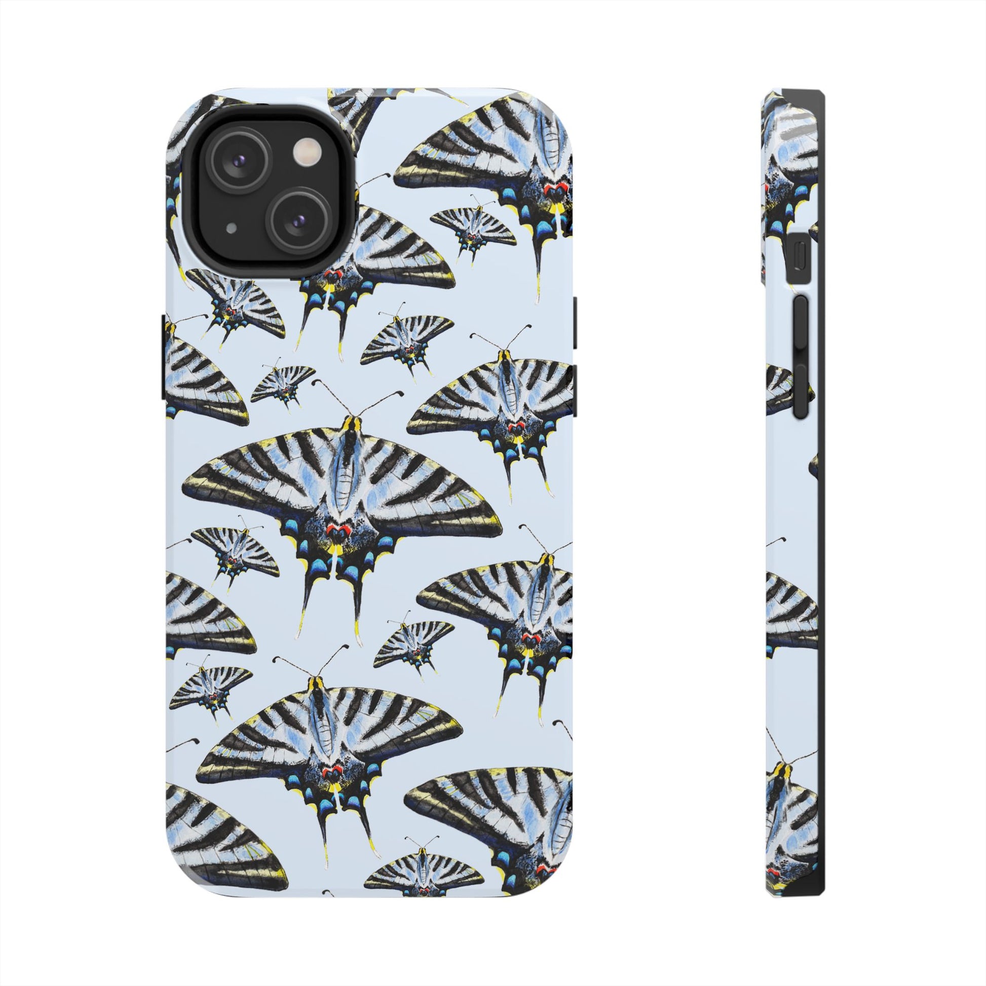 Light Blue Swallowtail Butterflies Watercolor Illustrated Pale Blue Tough Phone Case | Various Models iPhone 14 Plus