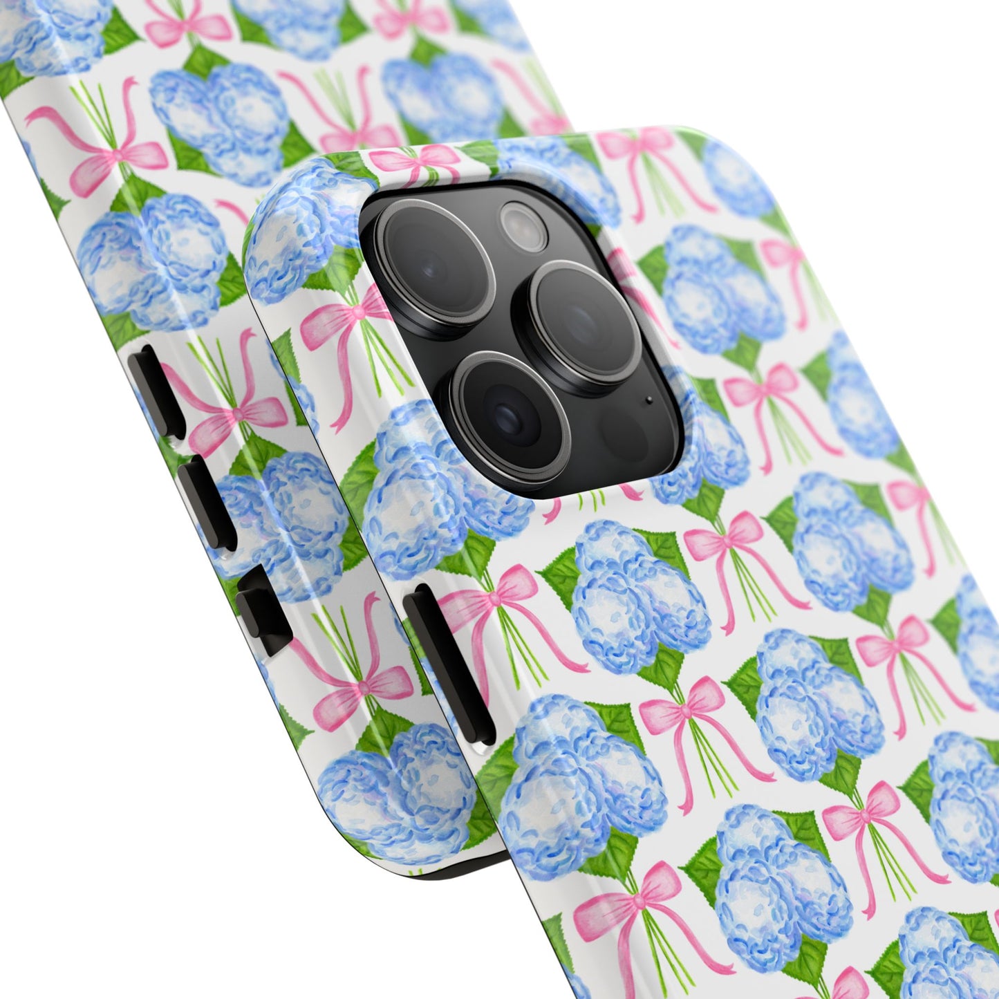 Blue Watercolor Hydrangea Bouqets with Light Pink Bows Watercolor Illustrated Patterned Tough Phone Case | Various Models
