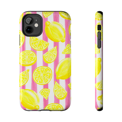 Pink Lemonade Yellow Lemons with Pink & White Watercolor Stripes Tough Phone Case