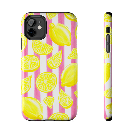 Pink Lemonade Yellow Lemons with Pink & White Watercolor Stripes Tough Phone Case iPhone 11