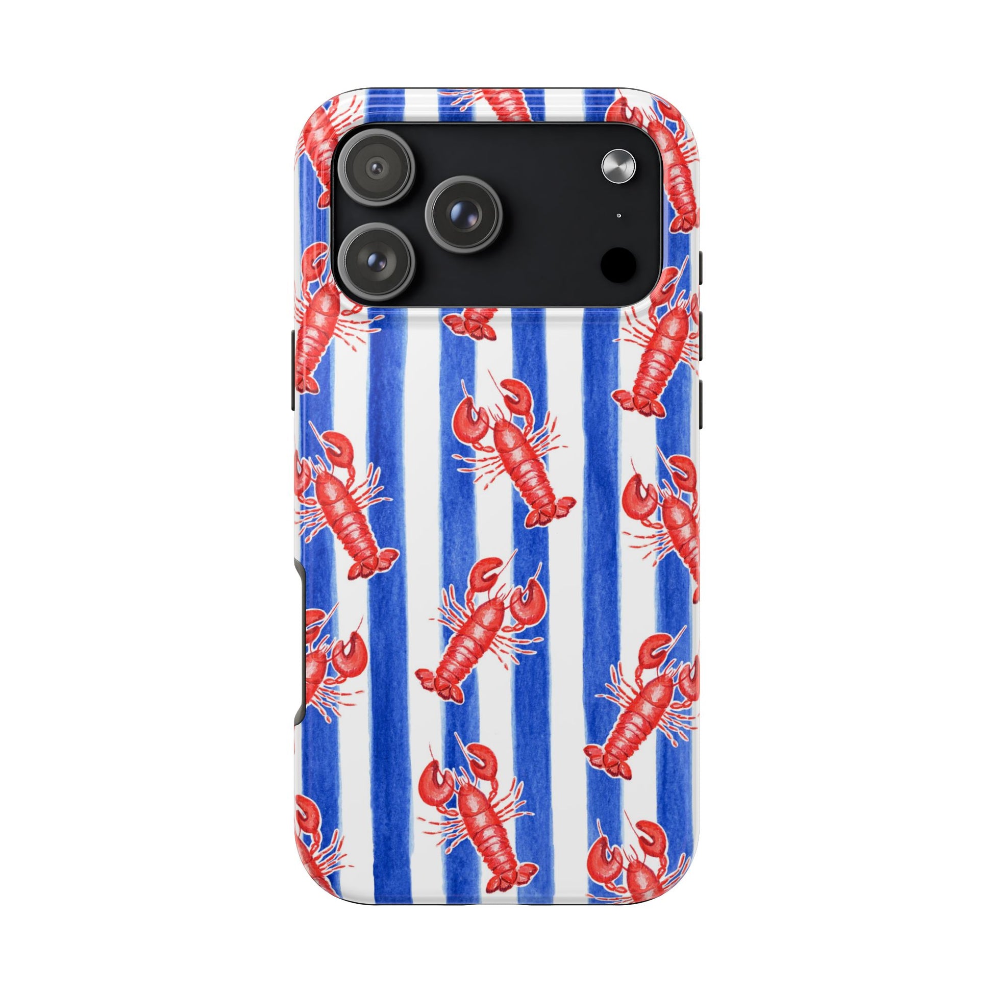 Blue & White Strip Red Lobster Watercolor Patterned Phone Case | Various Models iPhone 17 Pro Max
