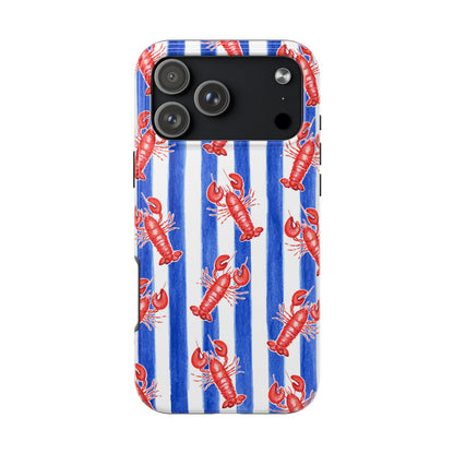 Blue & White Strip Red Lobster Watercolor Patterned Phone Case | Various Models iPhone 17 Pro Max