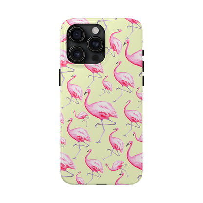 Pink Flamingos Watercolor Illustrated Tossed Pattern Yellow Phone Case | Various Models iPhone 15 Pro Max
