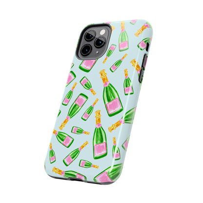 Tossed Pink and Green Watercolor Illustrated Champagne Bottles Pattern Light Blue Tough Phone Case | Various Models