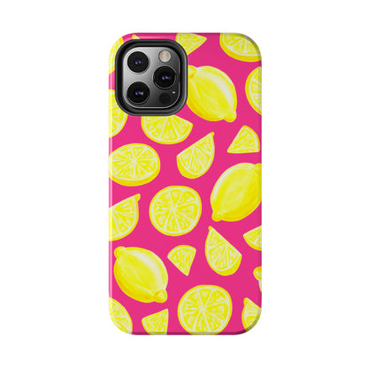 Bright Yellow Lemons Watercolor Illustrated Tossed Pattern Watermelon Pink Tough Phone Case | Various Models