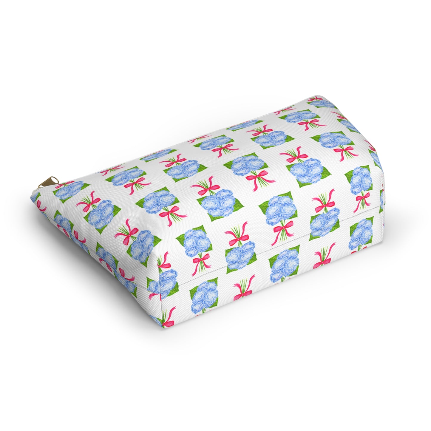 Blue Hydrangea Bouquets with Hot Pink Bows Watercolor Illustrated Printed Accessory Pouch T-Bottom | Large or Small