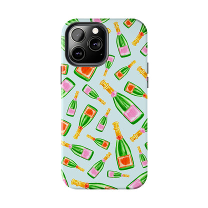 Tossed Pink and Green & Orange and Green Watercolor Illustrated Champagne Bottles Pattern Light Blue Tough Phone Case | Various Models