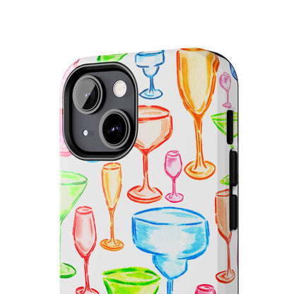 Monochromatic Margarita, Wine, Martini, and Champagne Flute Cocktail Glasses Watercolor Illustrated Tough Phone Case | Various Models Available