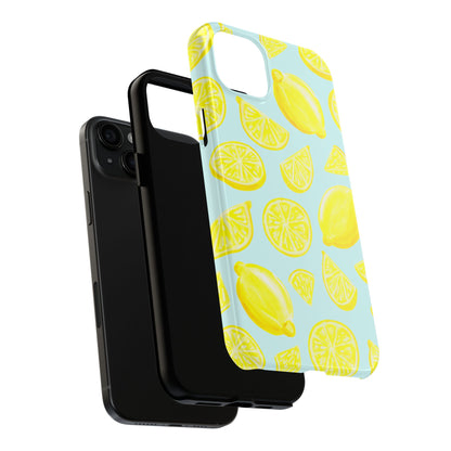 Bright Yellow Lemons Watercolor Illustrated Tossed Pattern Light Blue Tough Phone Case | Various Models