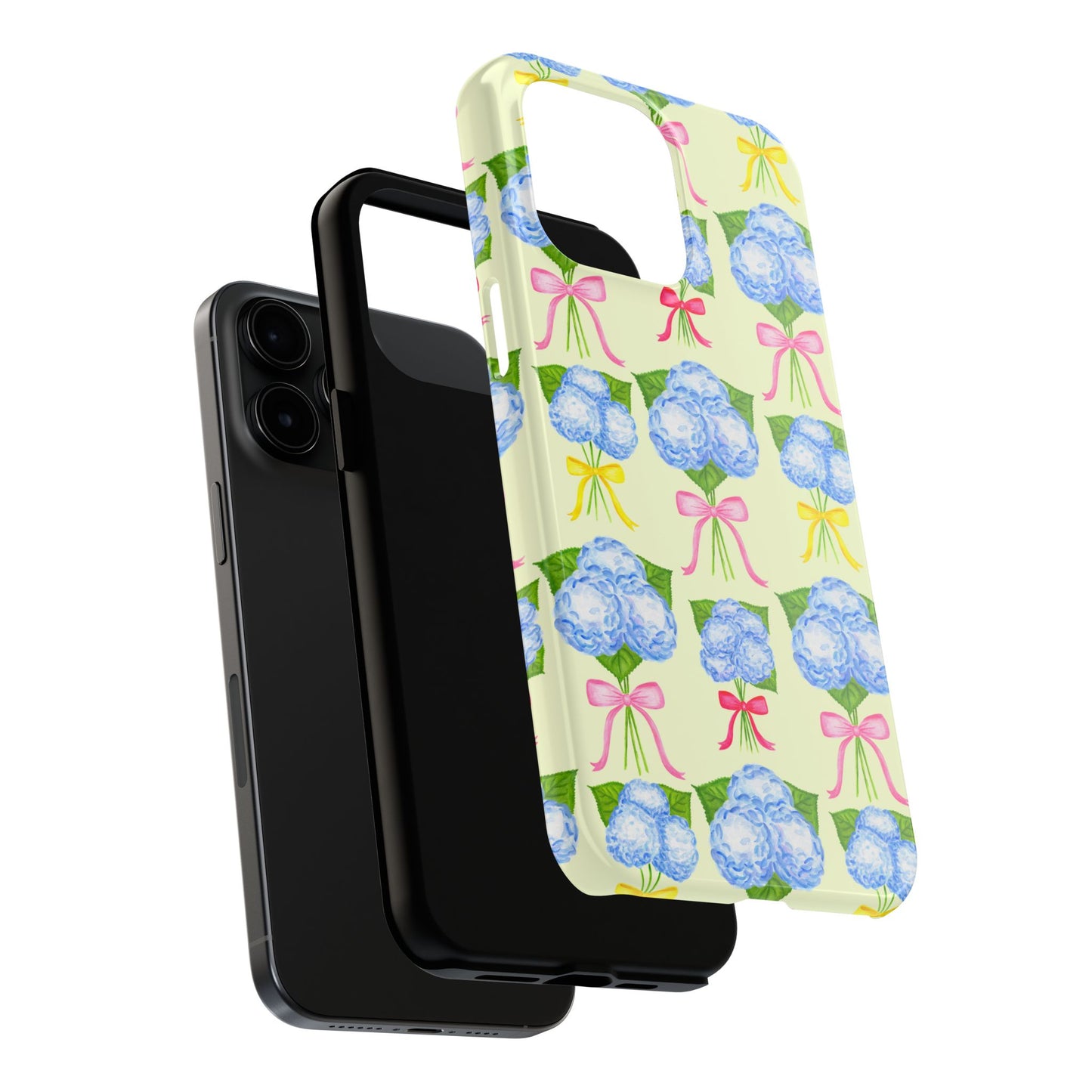 Blue Hydrangeas with Hot Pink, Yellow, Light Pink Bows Watercolor Illustrated Patterned Light Yellow Tough Phone Case | Various Models