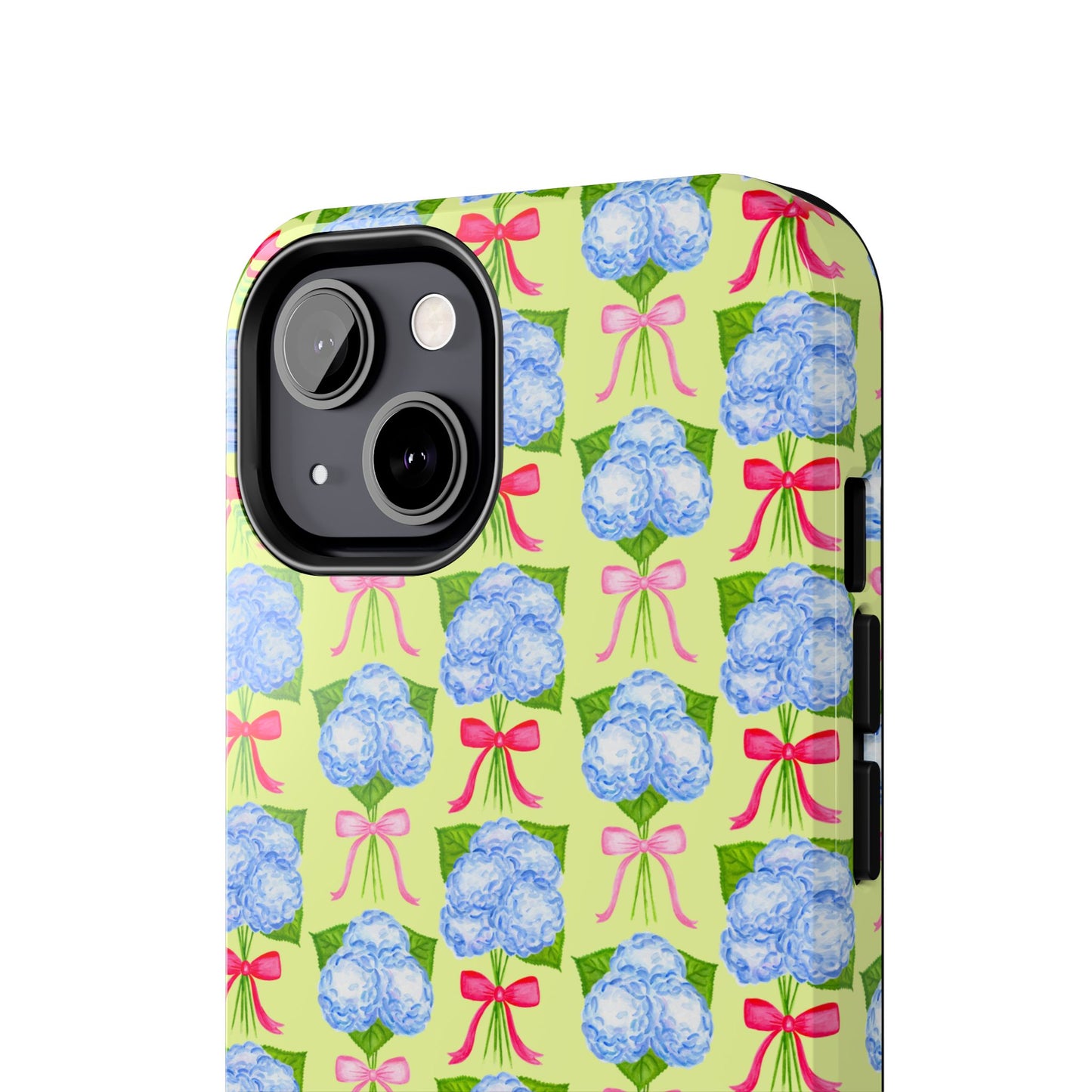 Watercolor Blue Hydrangea Bouquets with Hot Pink and Light Pink Bow Ribbons Illustrated Pattern Yellow Tough Phone Case | Various Models